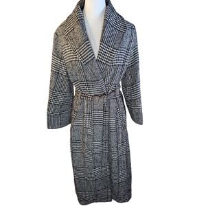 Privy Women's Black White Plaid Long Belted Lightweight Trench Coat Size M